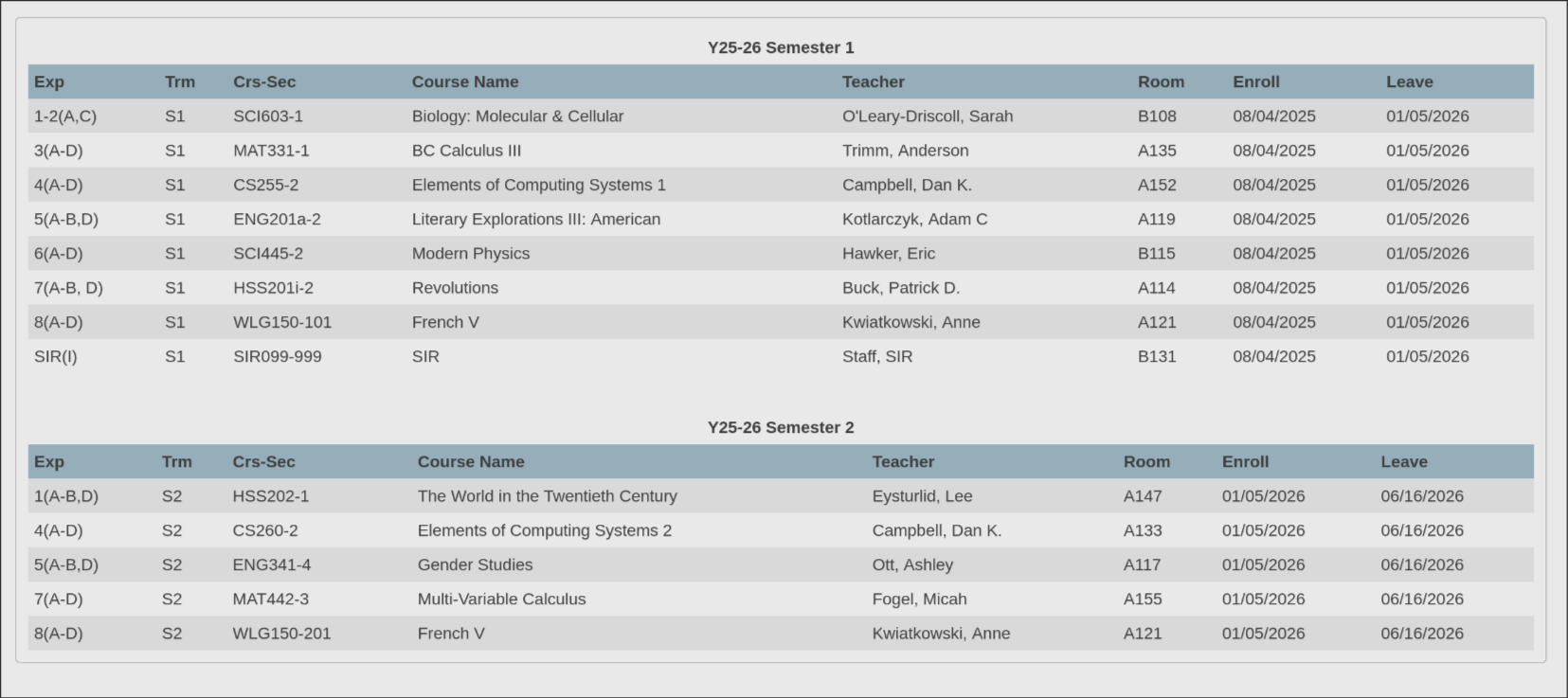 PowerSchool Year Schedule copy area